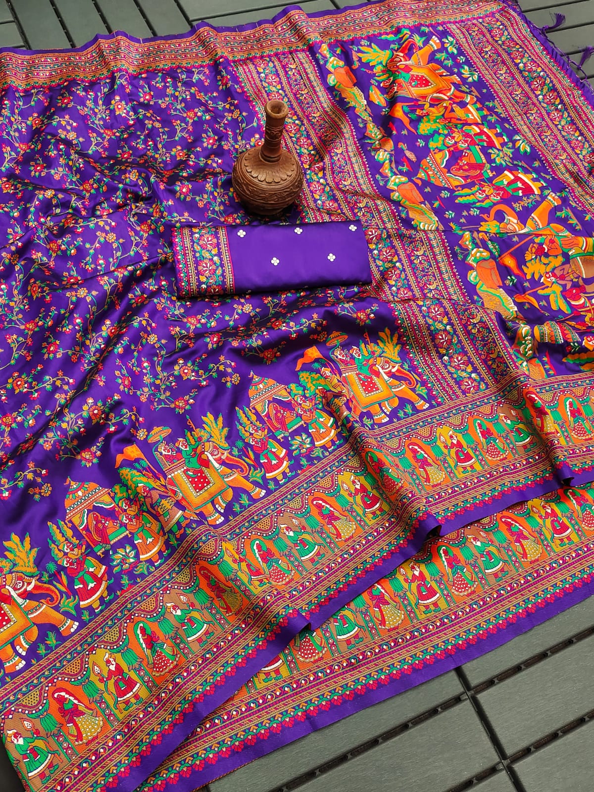 Soft Kashmiri Pashmina Semi silk weaving saree with colourfull meena weaves 21819N