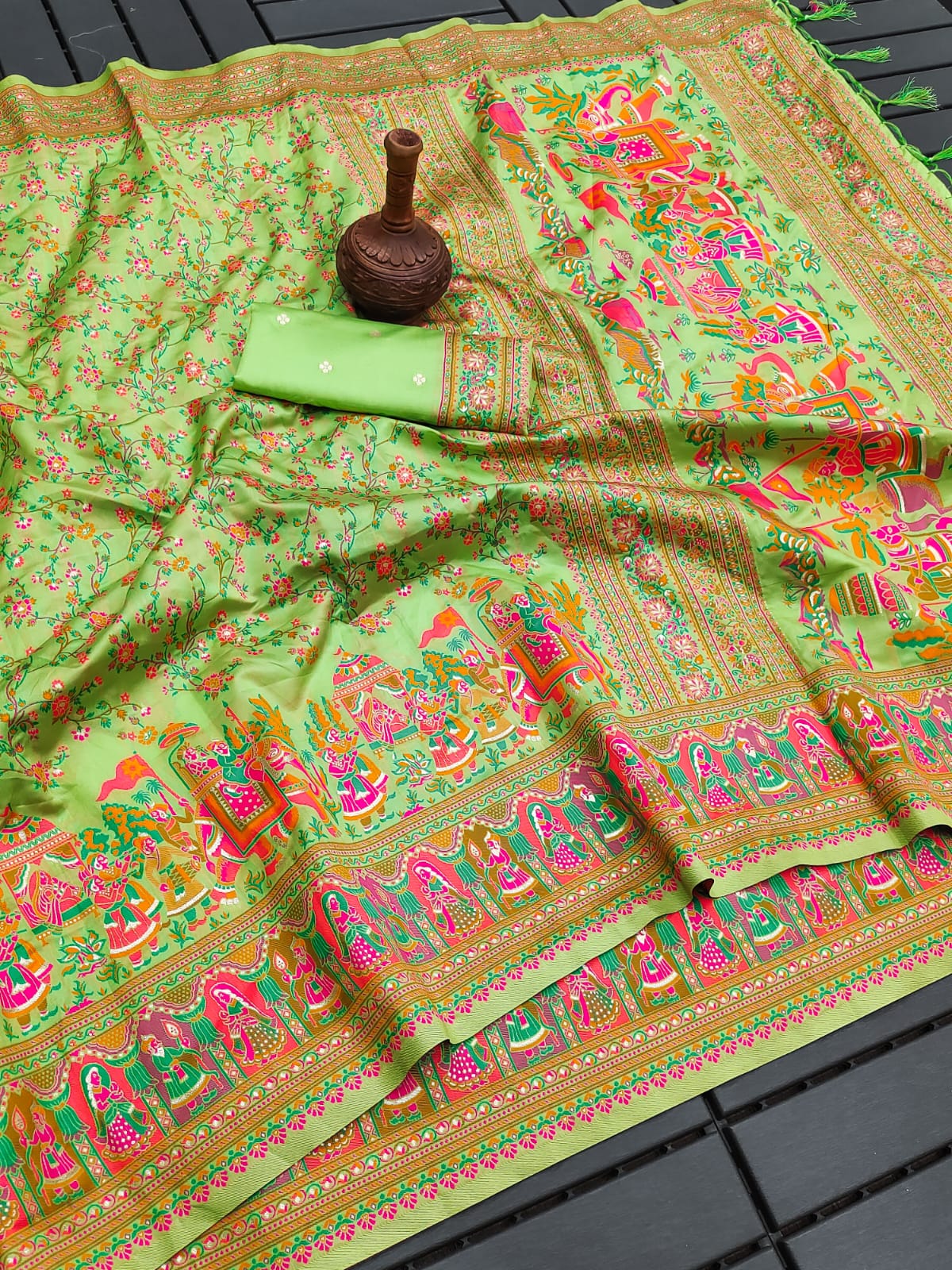 Soft Kashmiri Pashmina Semi silk weaving saree with colourfull meena weaves 21827N