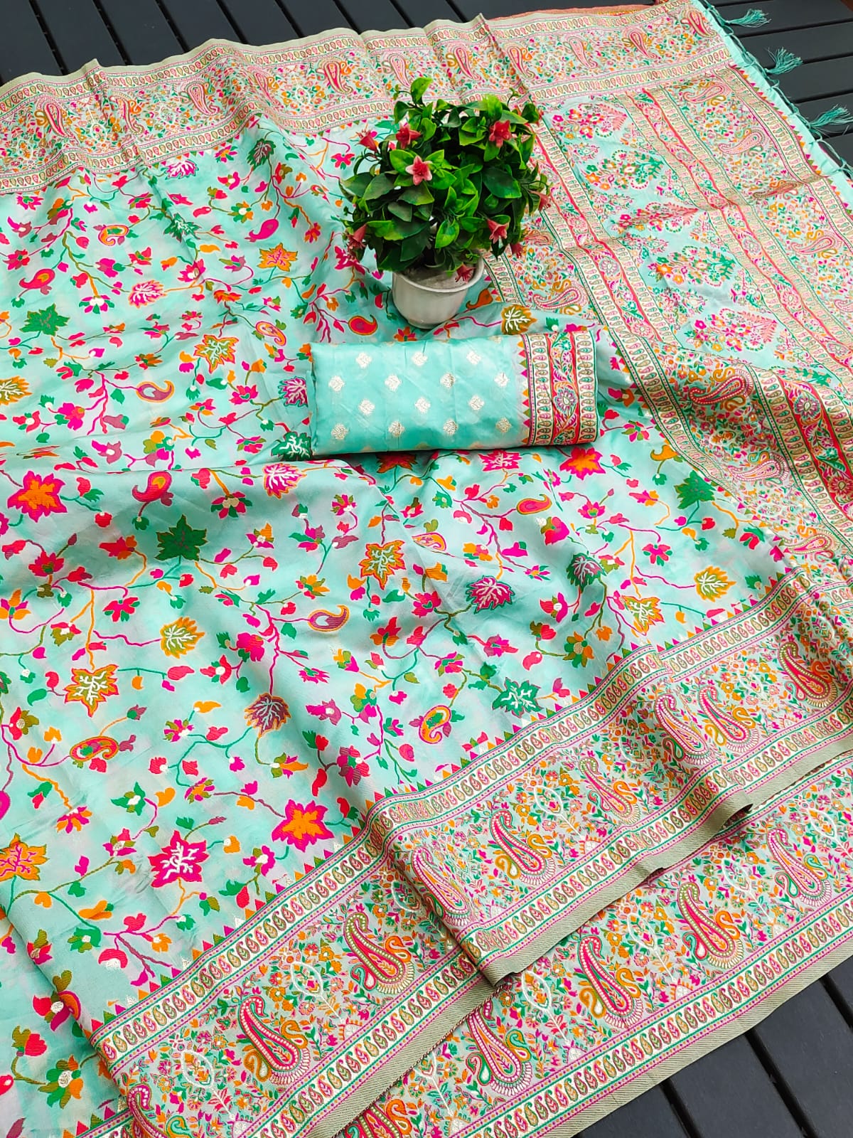 Soft Kashmiri Pashmina silk weaving saree with all over colourfull meena weaves 21924N
