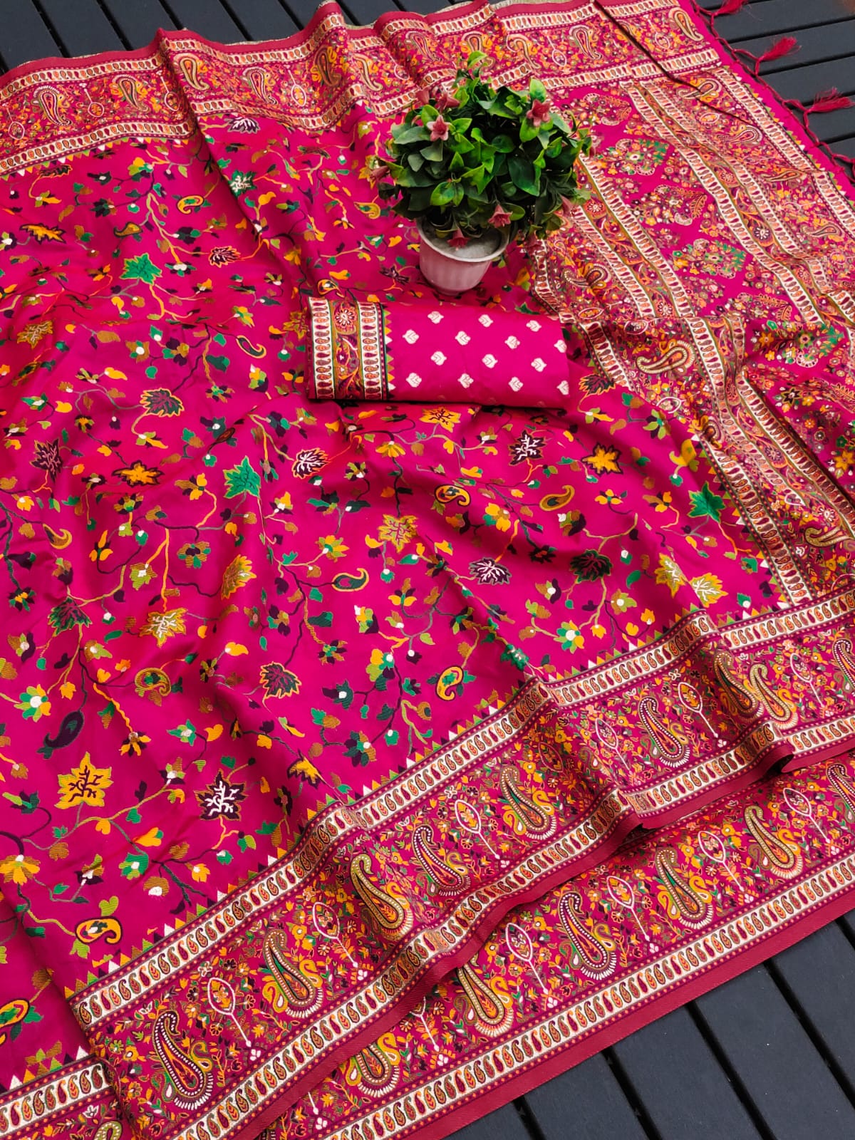 Soft Kashmiri Pashmina silk weaving saree with all over colourfull meena weaves 21924N