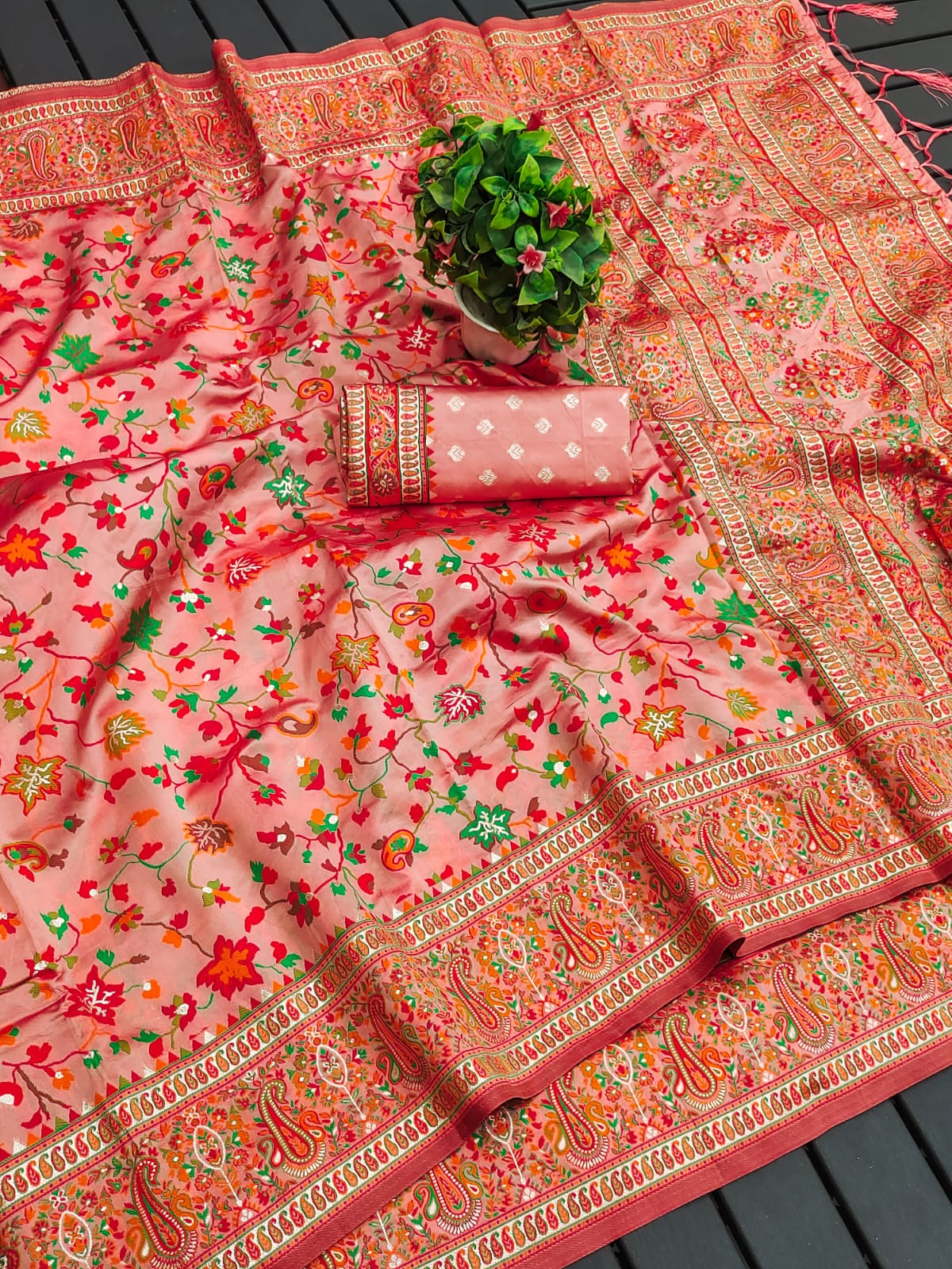 Soft Kashmiri Pashmina silk weaving saree with all over colourfull meena weaves21917N