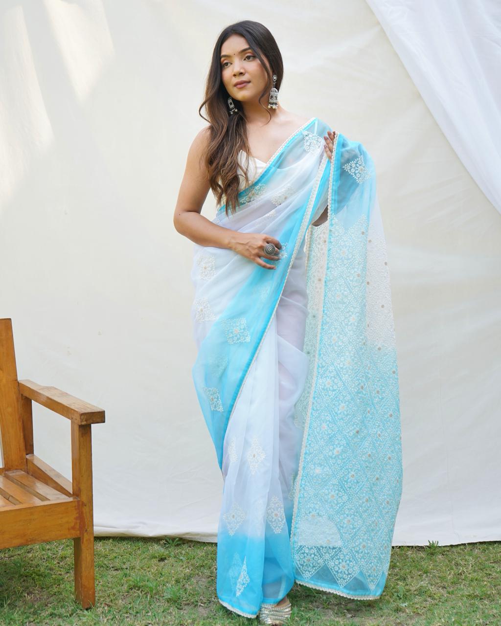 Soft Organza Saree Hand Dying colors  With  All Over Viscose Thread 22818N