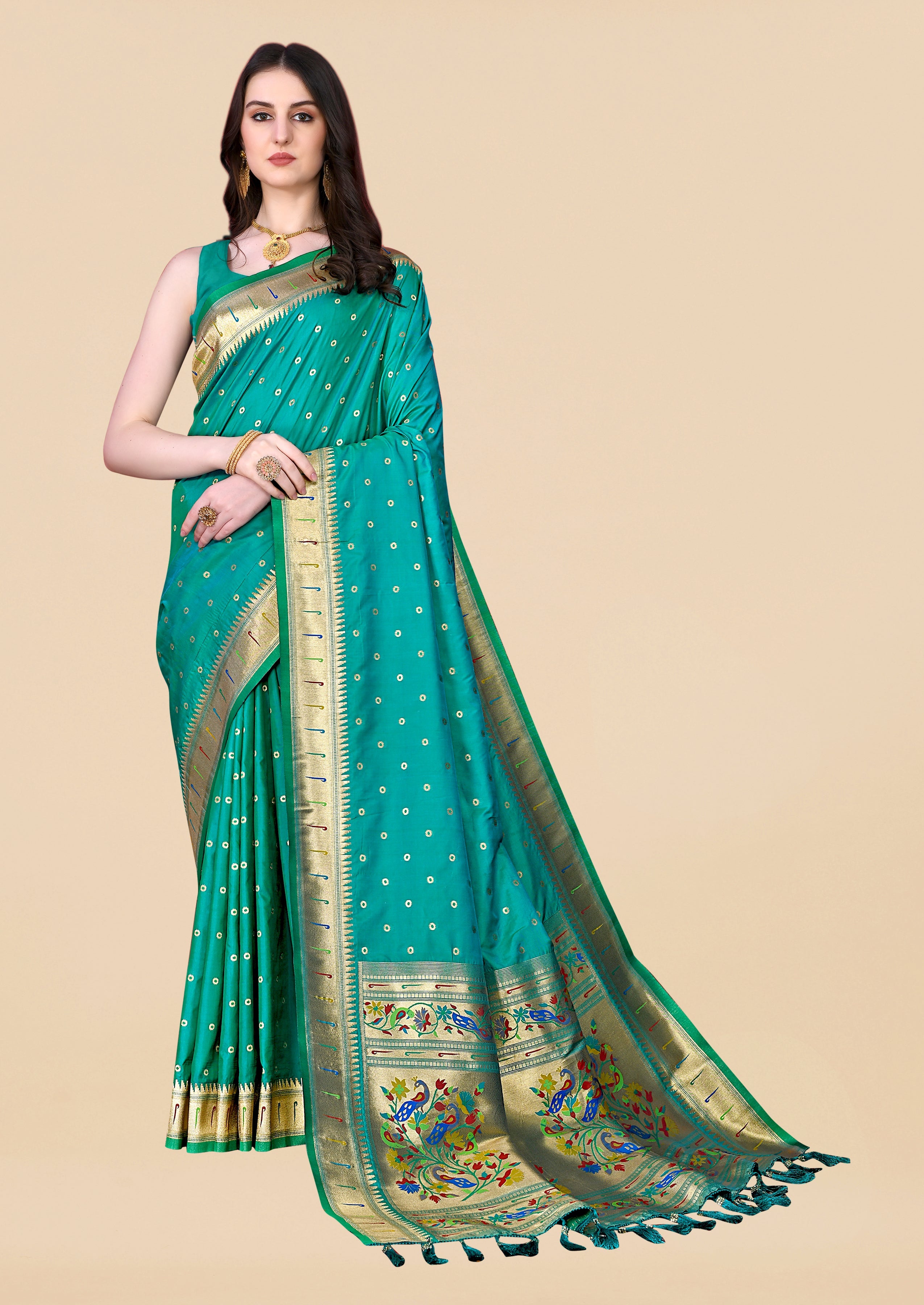 Soft Paithani Semi silk saree with Gold zari weaving motifs and Rich Zari weaving 20721N