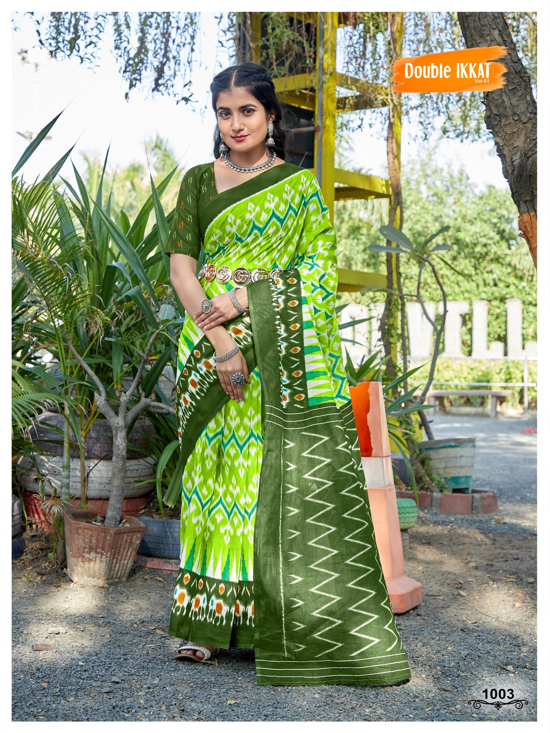 Soft Poly-cotton with Ikkat Jaipur Block Printed Sarees 20860N