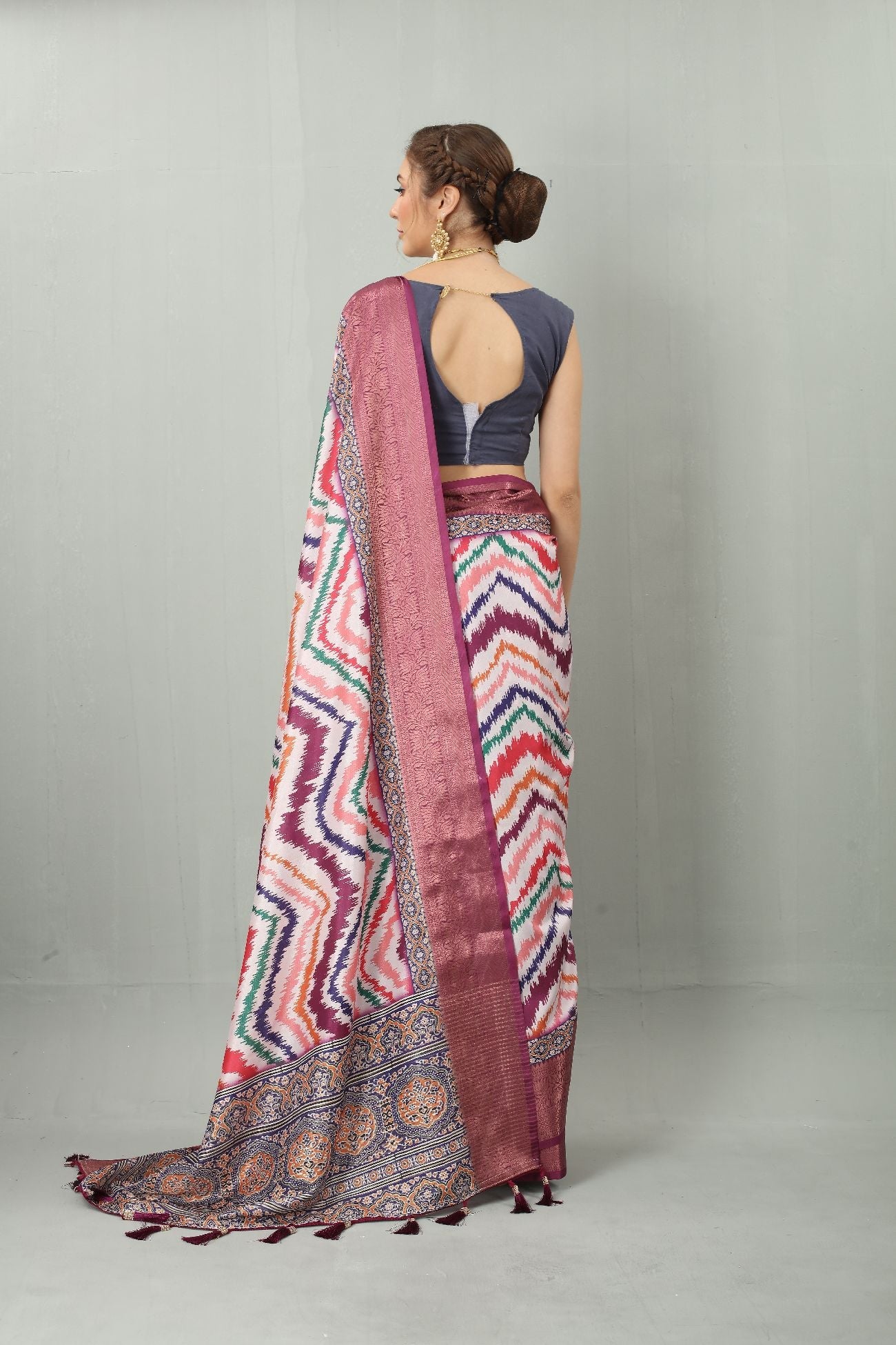 Soft Semi Silk Saree with Gold zari weaving Kalamakari Beautiful Zigzag Digital Print 21713N