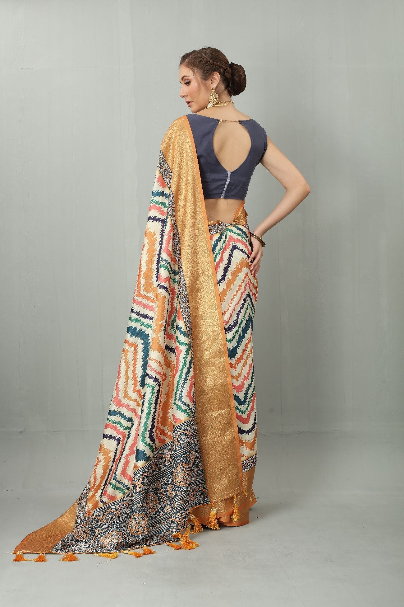 Soft Semi Silk Saree with Gold zari weaving Kalamakari Beautiful Zigzag Digital Print 21713N