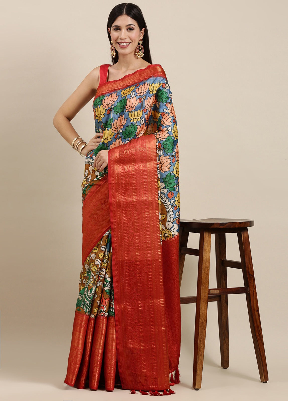 Soft Semi Silk Saree with Gold zari weaving Kalamakari Digital Print 21698N