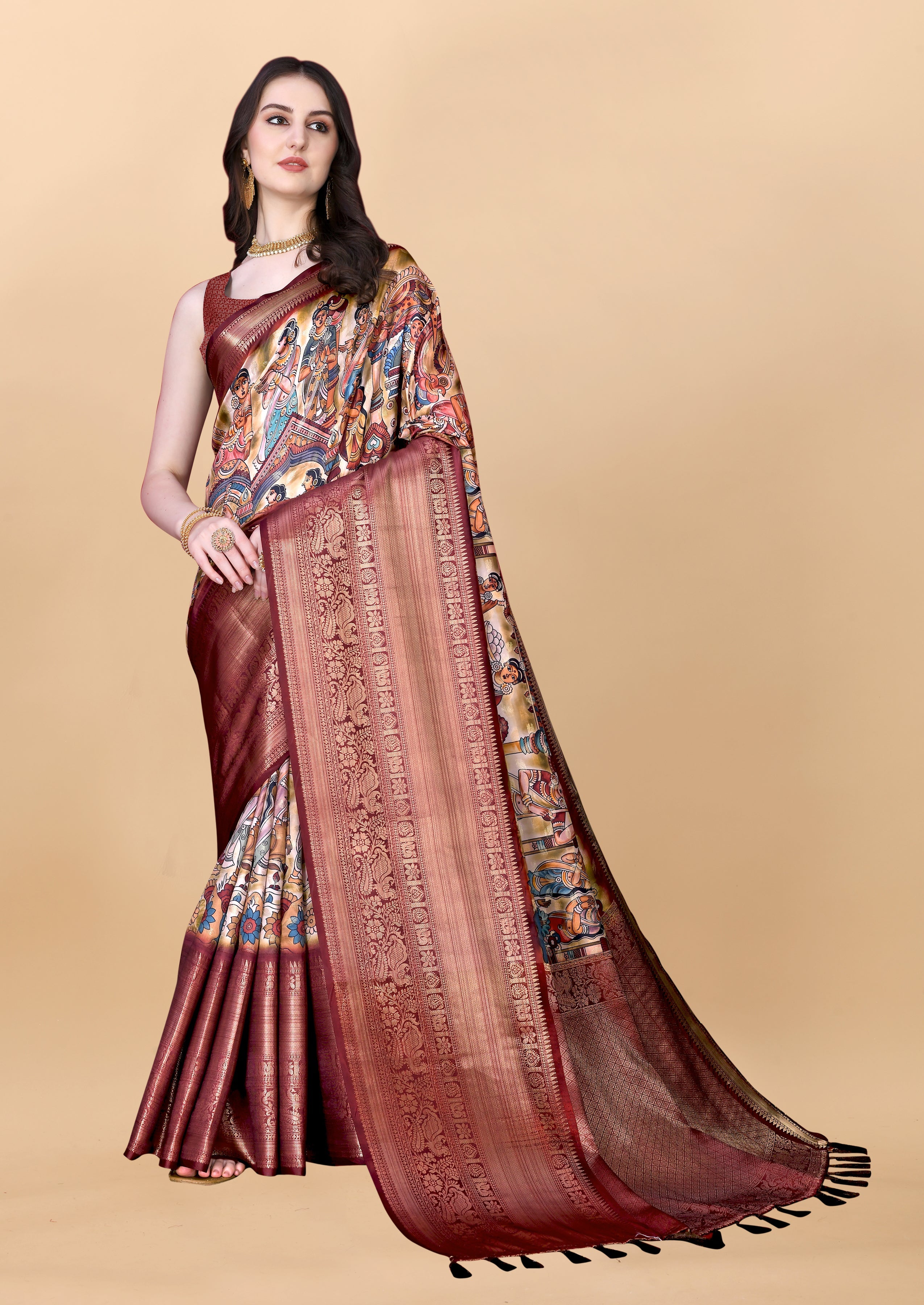 Soft Semi Silk Saree with Gold zari weaving Kalamakari Digital Print 21709N