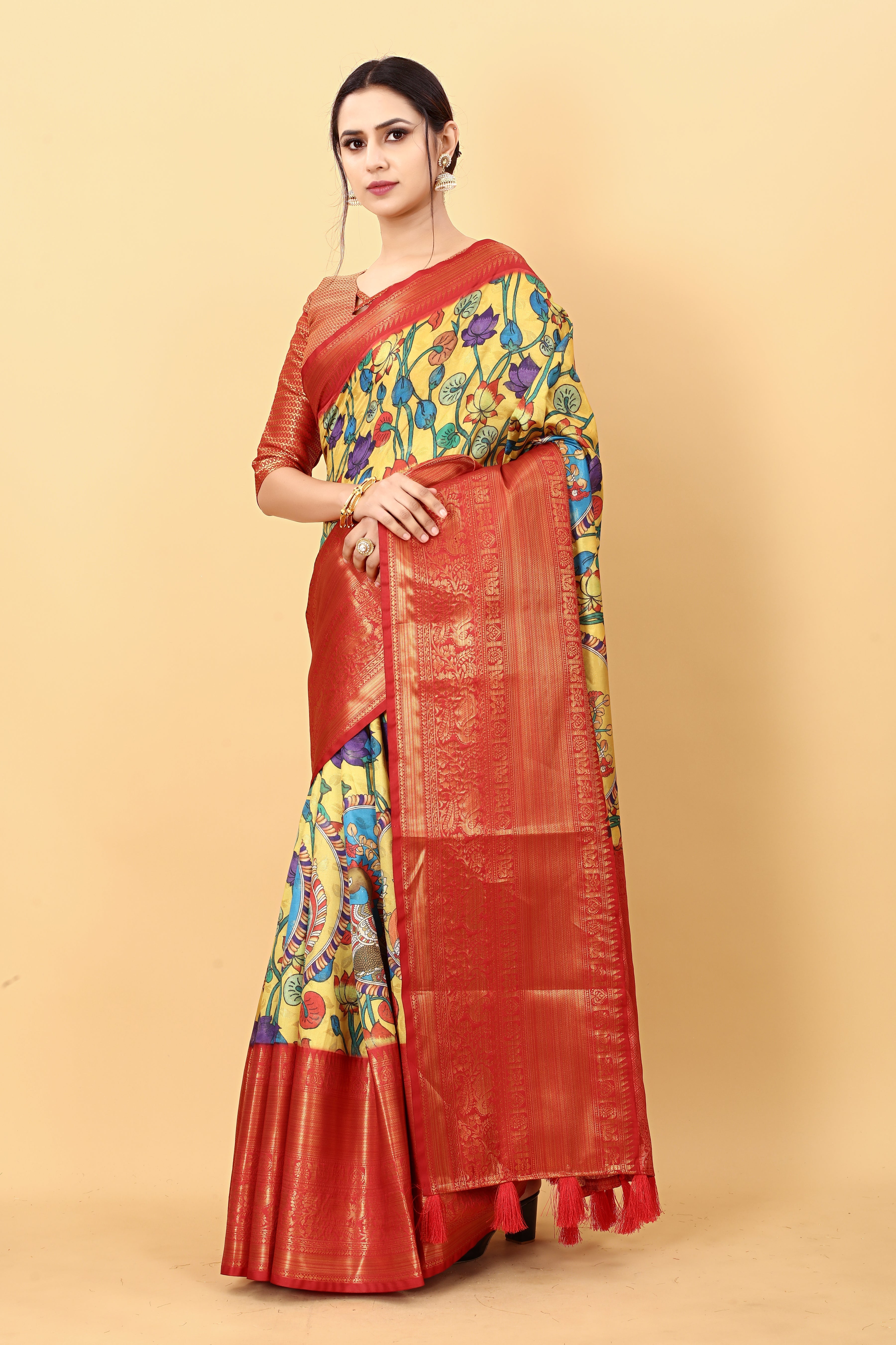 Soft Semi Silk Saree with Gold zari weaving motifs Kalamakari Digital Print 21689N