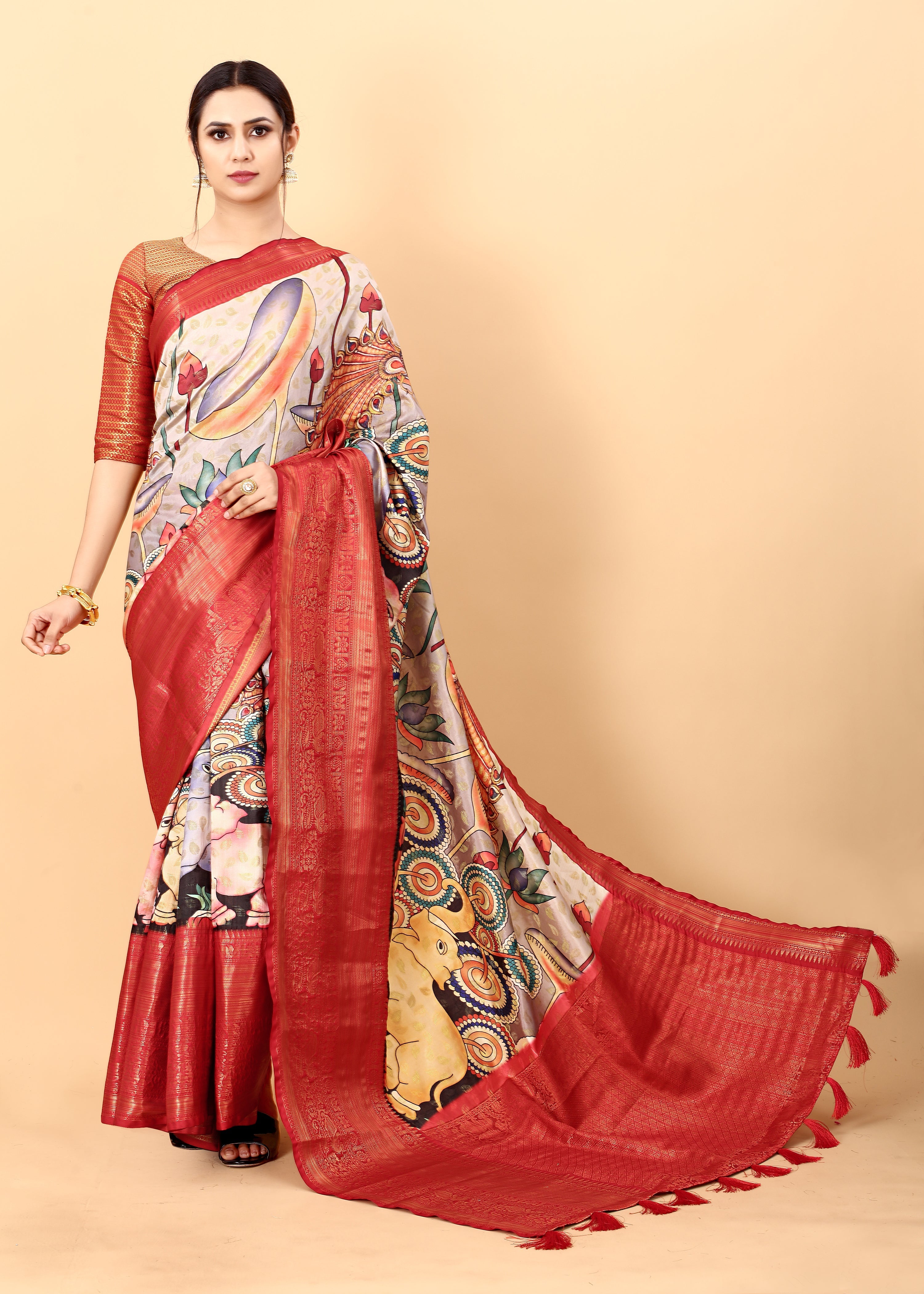 Soft Semi Silk Saree with Gold zari weaving motifs Kalamakari Digital Print 21694N