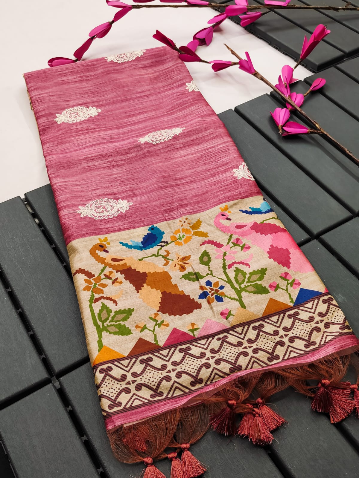 Soft Tussar semi-silk saree with embroidered buttas 21042N
