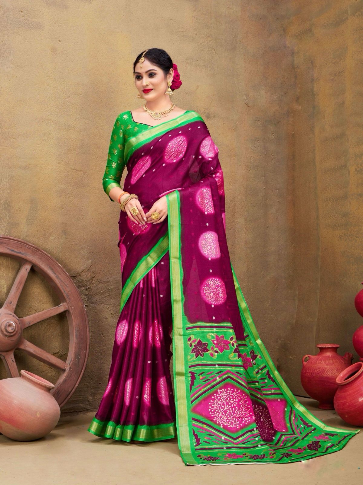 Soft jute semi-silk with foil and self weaving butti saree SVC12A-499-19594N