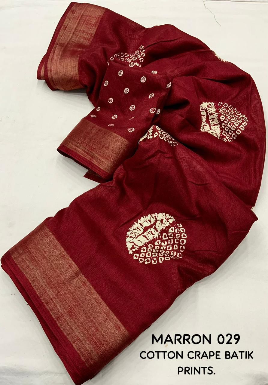 Soft mono-cotton crape batik prints with zari pattu woven border saree 20975N