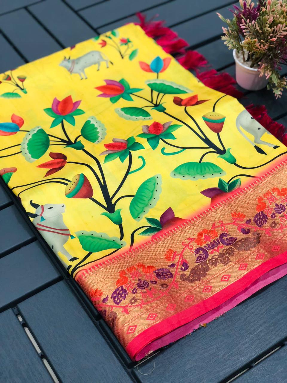 Soft paithani Semi-silk Block kalamkari Print Designed Party Wear Saree 15520N