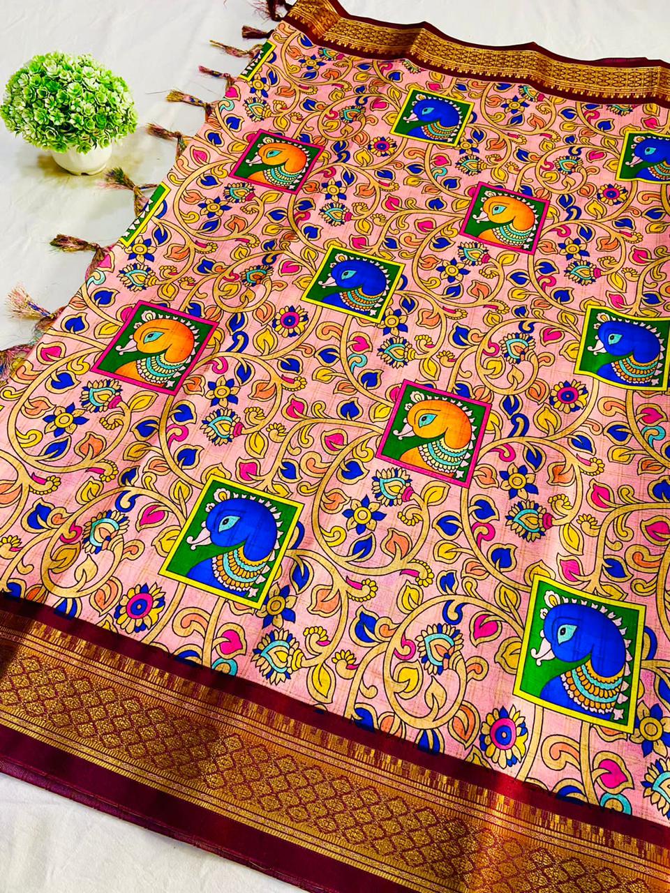 Soft paithani Semi-silk Block kalamkari Print Designed Saree 22547N