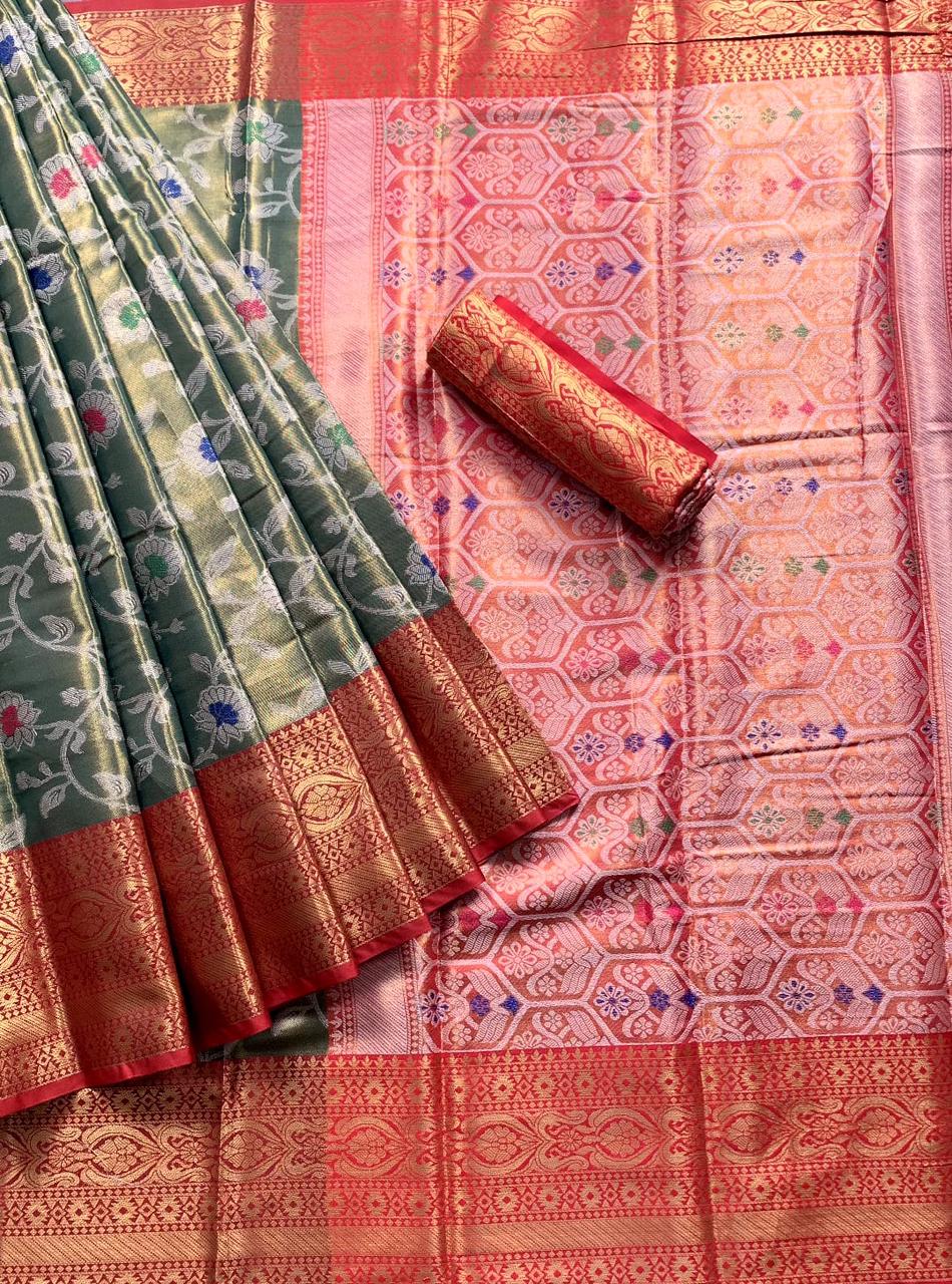 The perfect Kanchi border soft Semi-silk saree and pallu are precisely hand woven 15584N