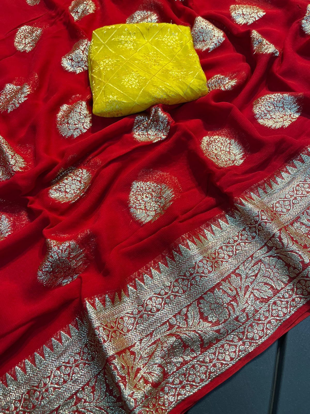 Yellow linen saree with silver border