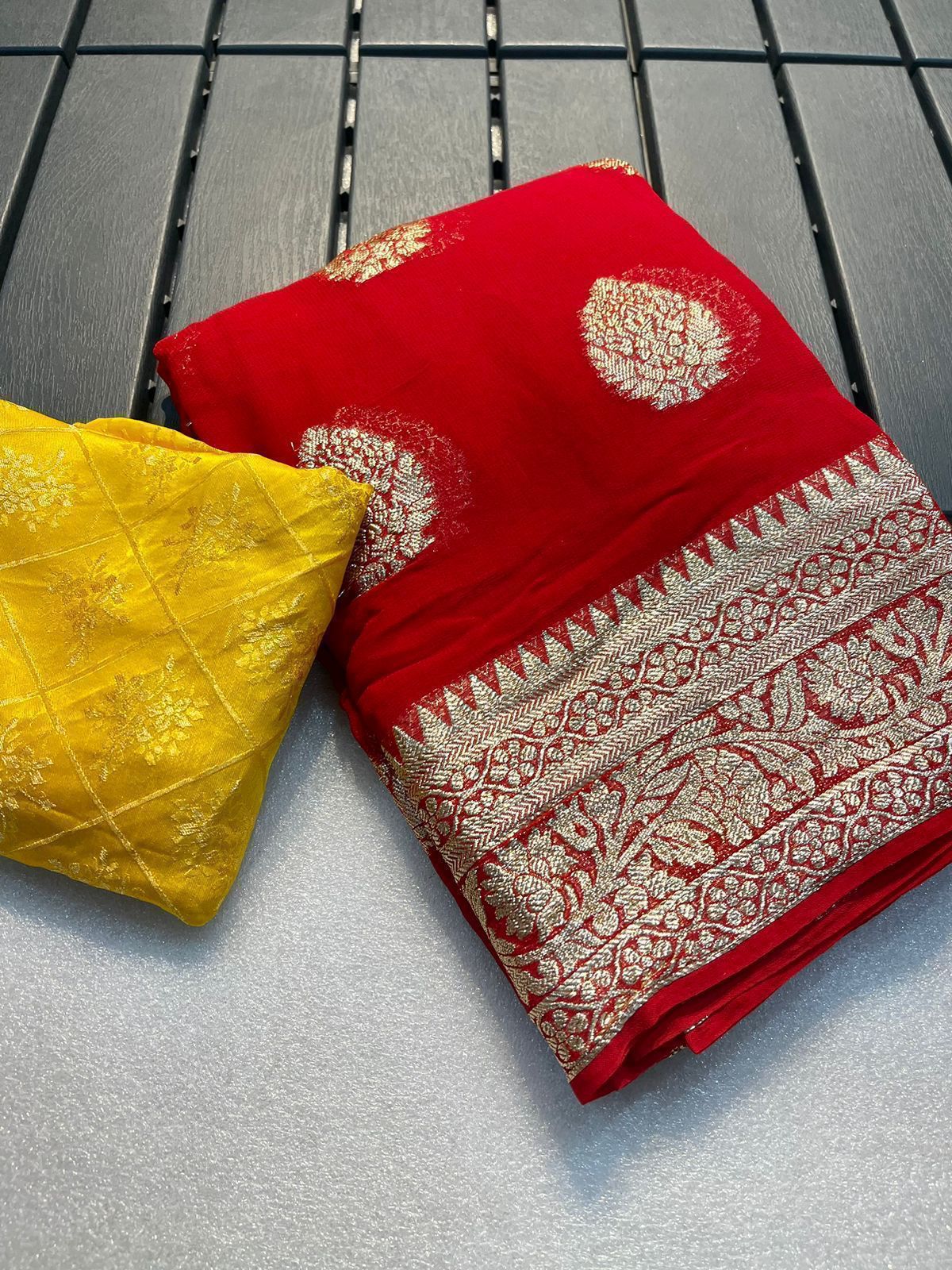 Viscose Georgette Saree With Semi Banarasi Silk Contrast Blouse 17400N