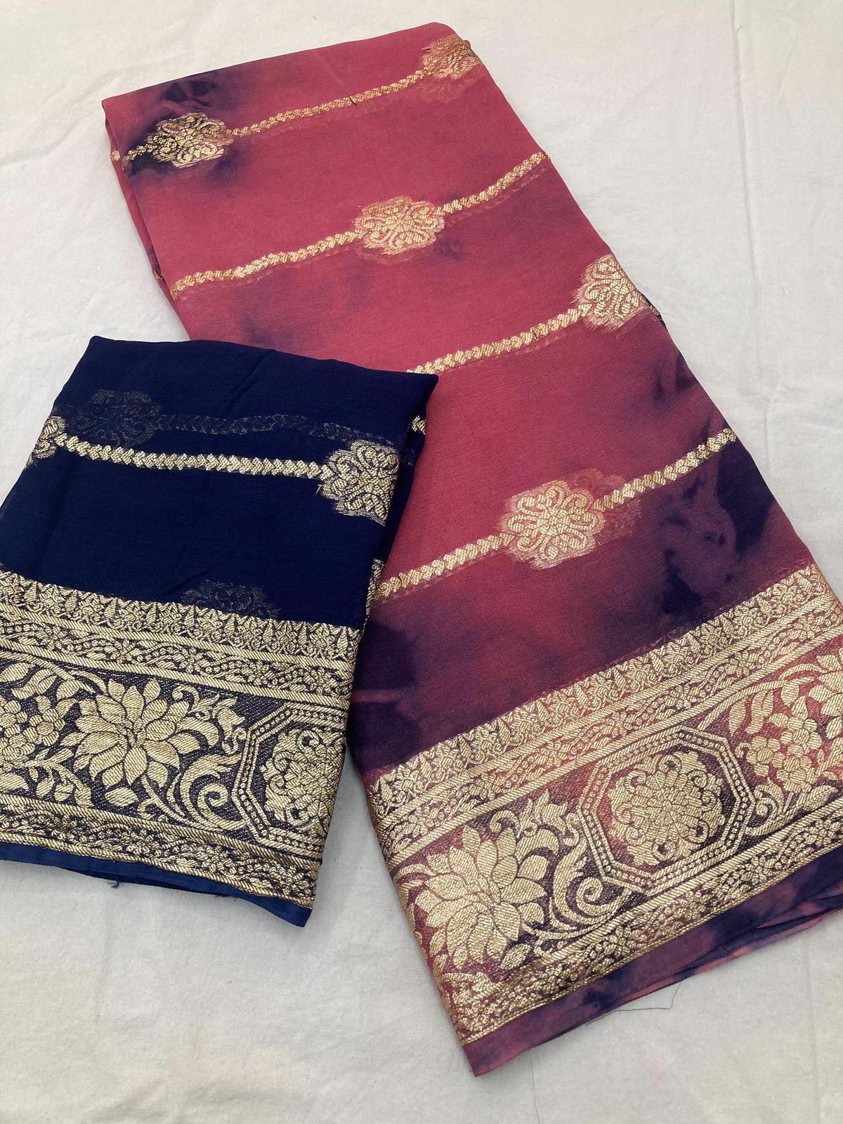 Viscose Georgette Shibori Saree with Zari Border 20422N - Griiham