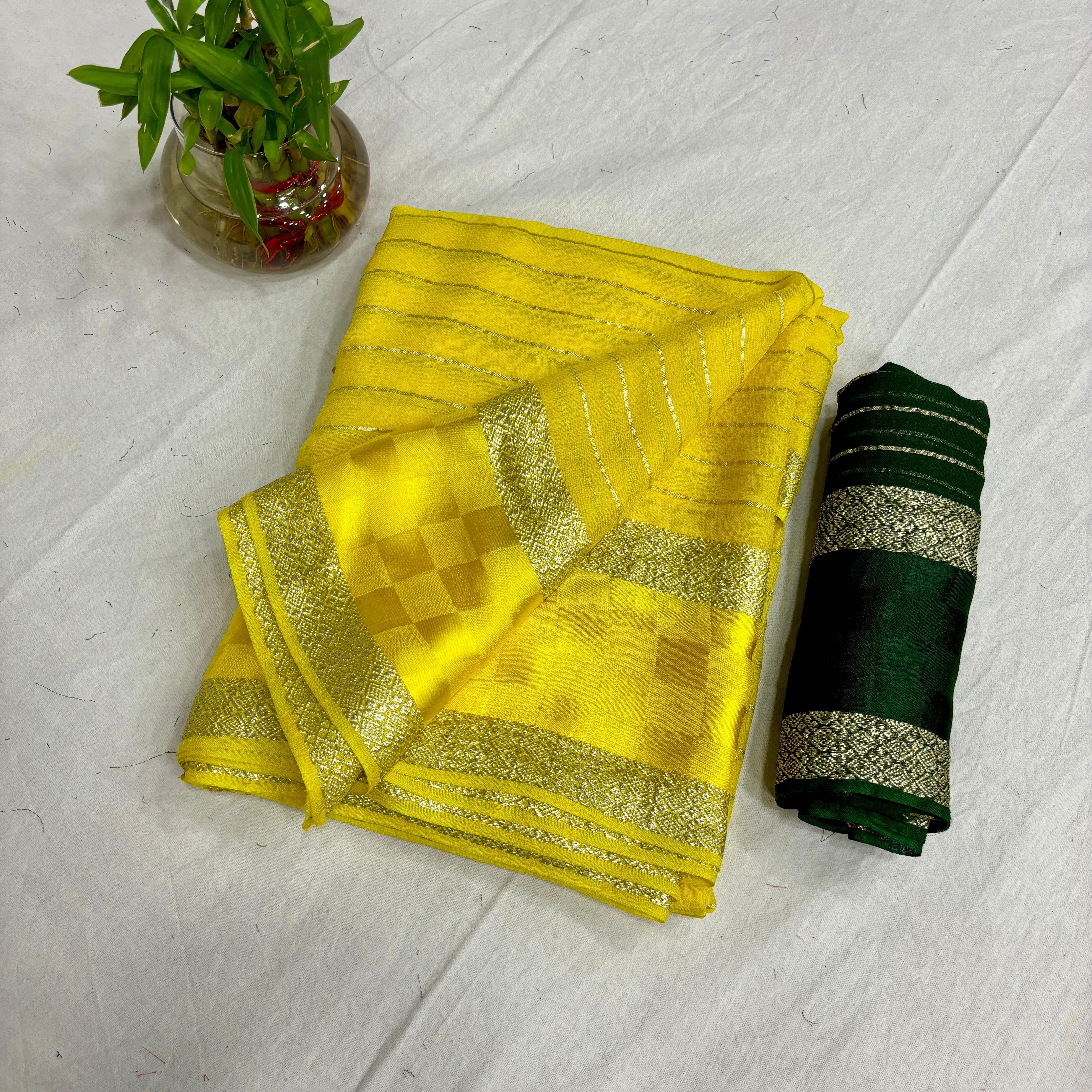 Viscose Georgette With Satin chex Jacquard border with stripes Linning Saree 23496N