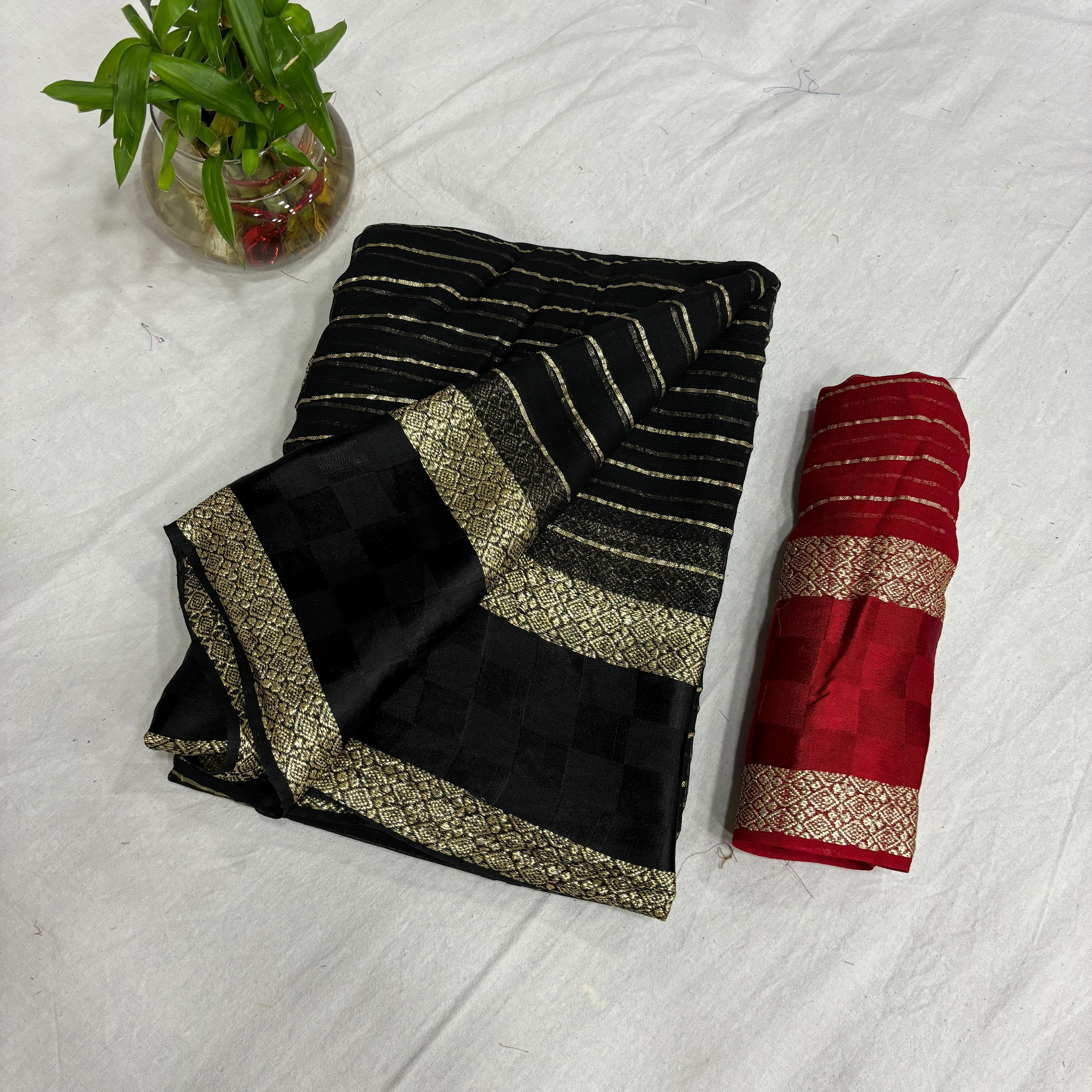 Viscose Georgette With Satin chex Jacquard border with stripes Linning Saree 23500N