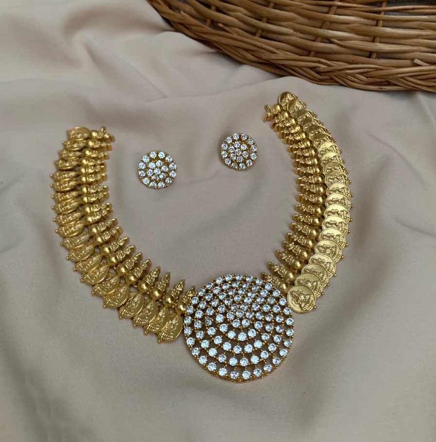 Antique Gold Plated Long Laxmi engraved Necklace Set