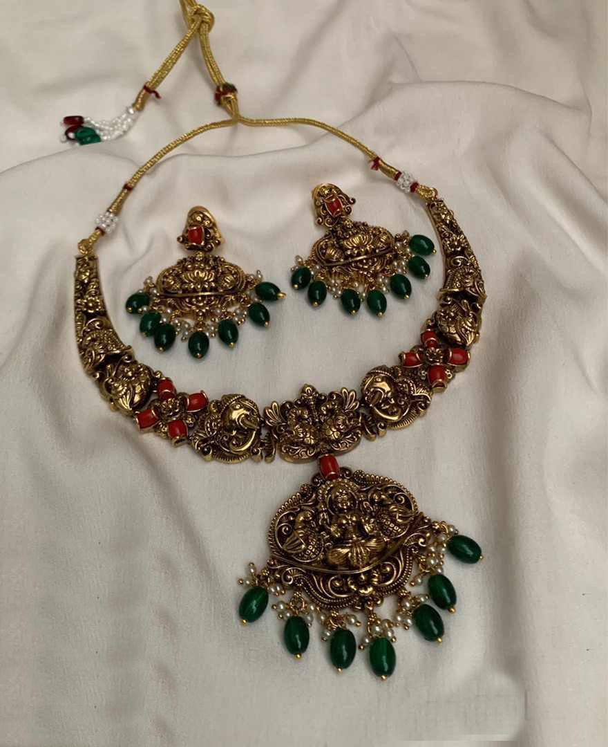 Gold Plated Premium Classic Short temple Necklace set with AD Stones