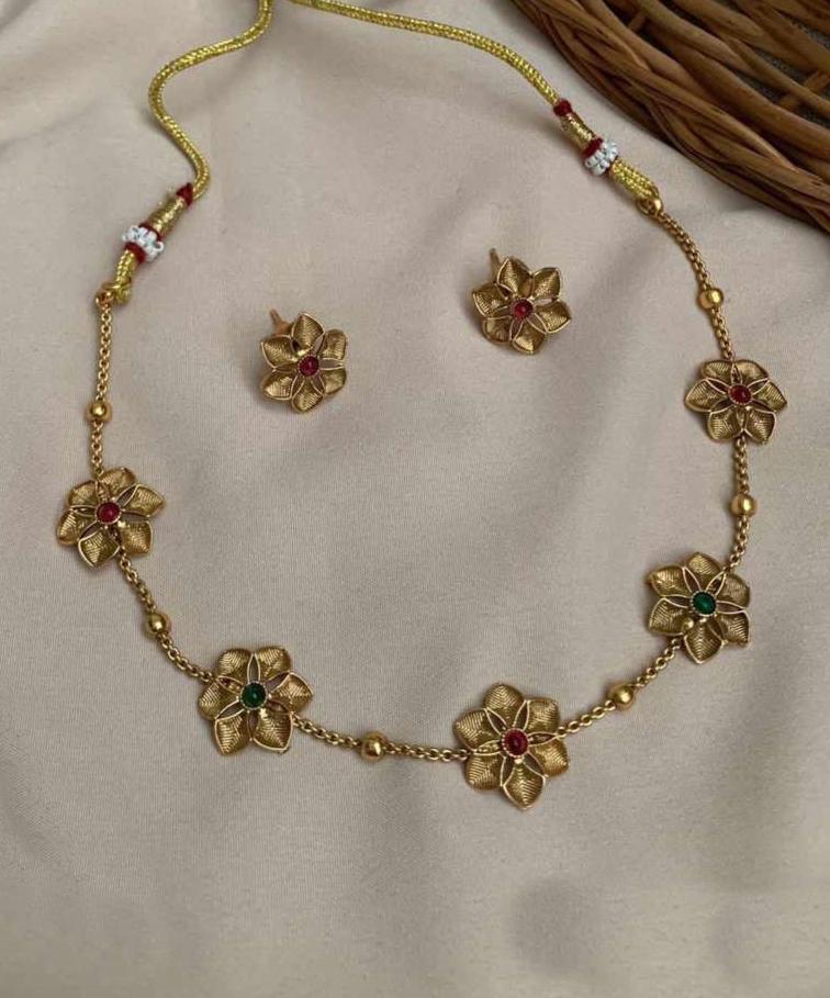 Gold Plated short floral Necklace Set - Main Image