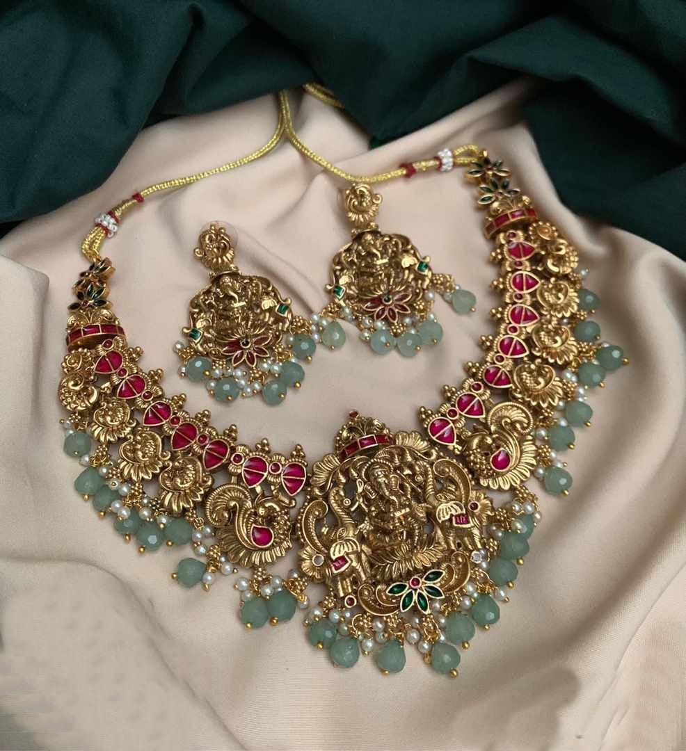 Premium Gold Plated Navaratna Stone Necklace set