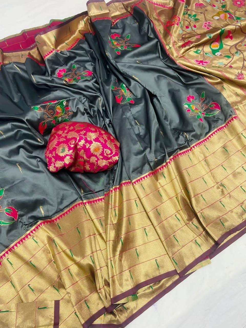 Grey Paithani silk saree