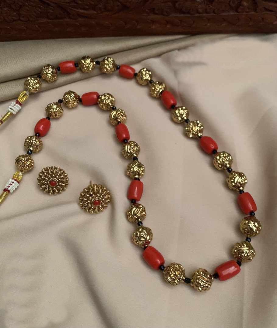 Gold Plated In Coral Beads Long Necklace Set