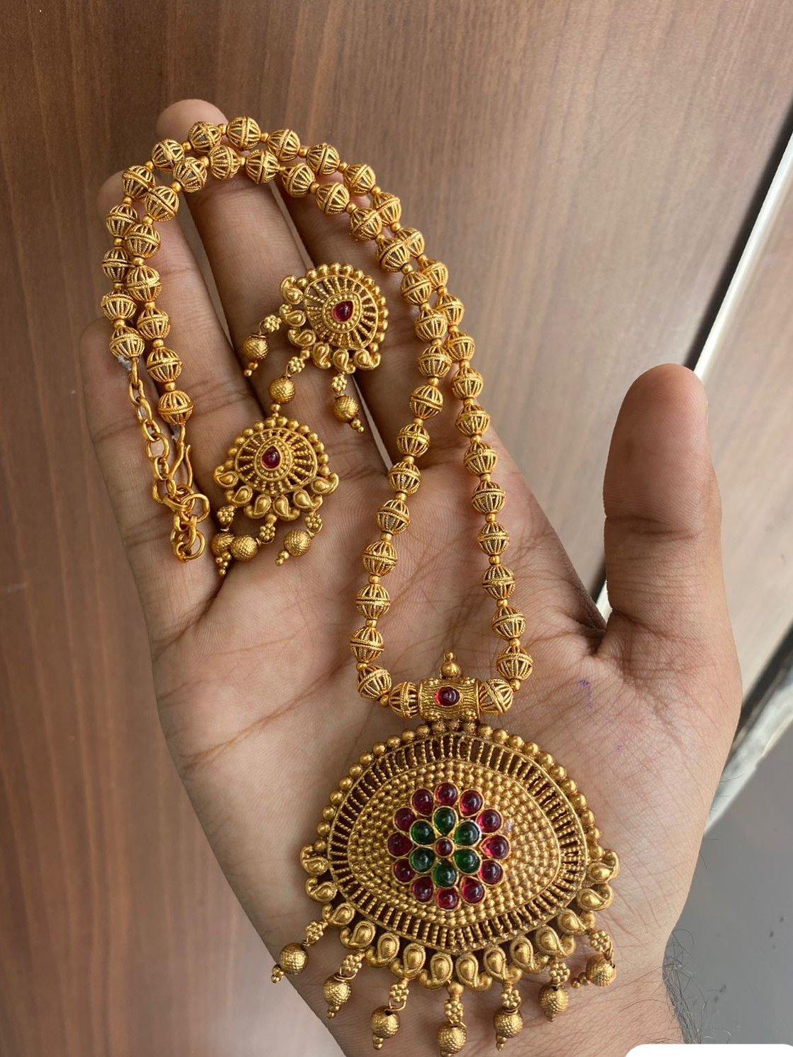 Gold Plated Long Necklace Set in gundumala - Main Image