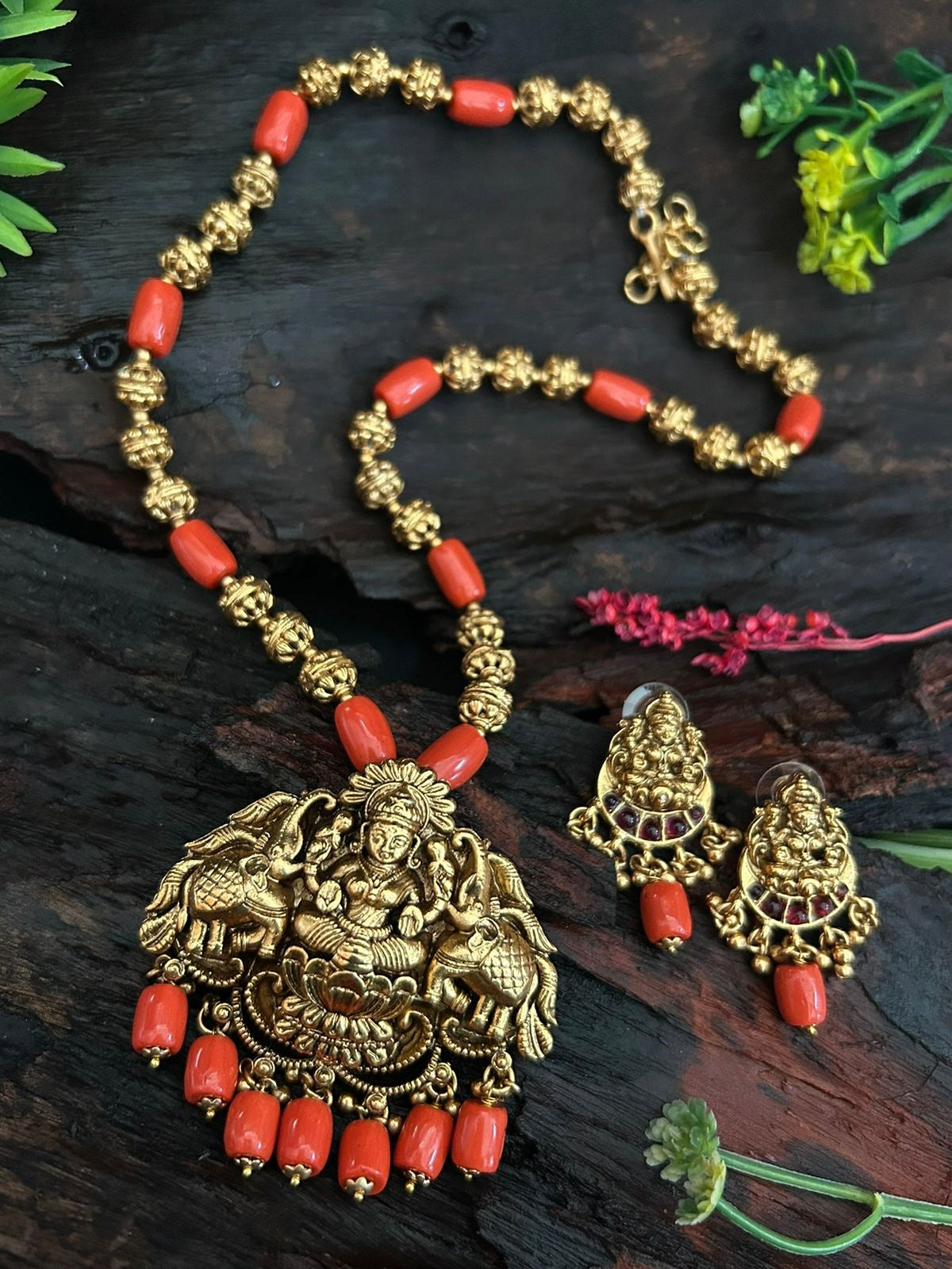 Gold Plated Long Necklace Set in coral