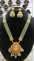 Premium Gold Plated Long Necklace Set in olive green crystal mala