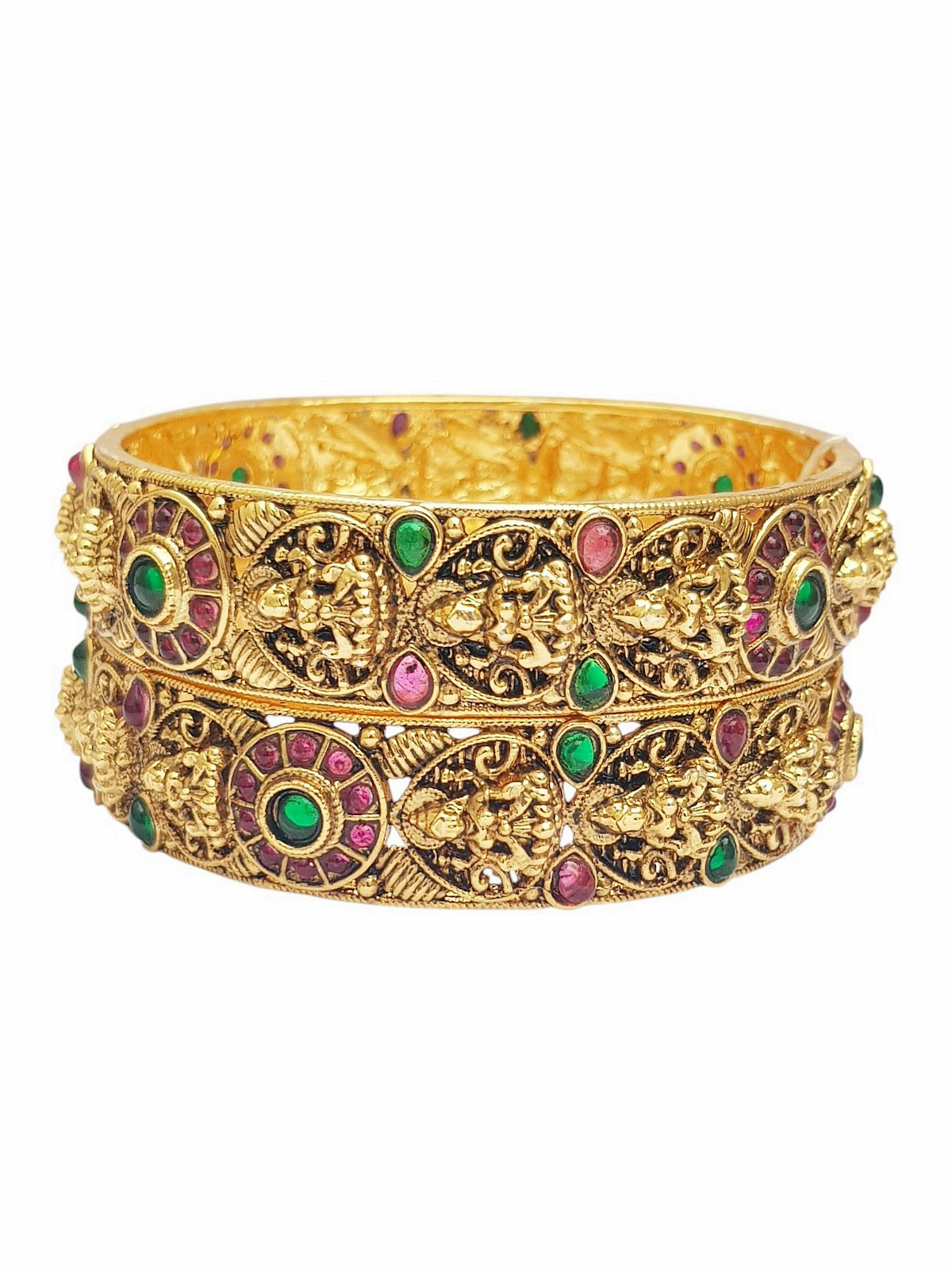 Gold plated Laxmi Temple Set of 2 bangles in multicolor stones