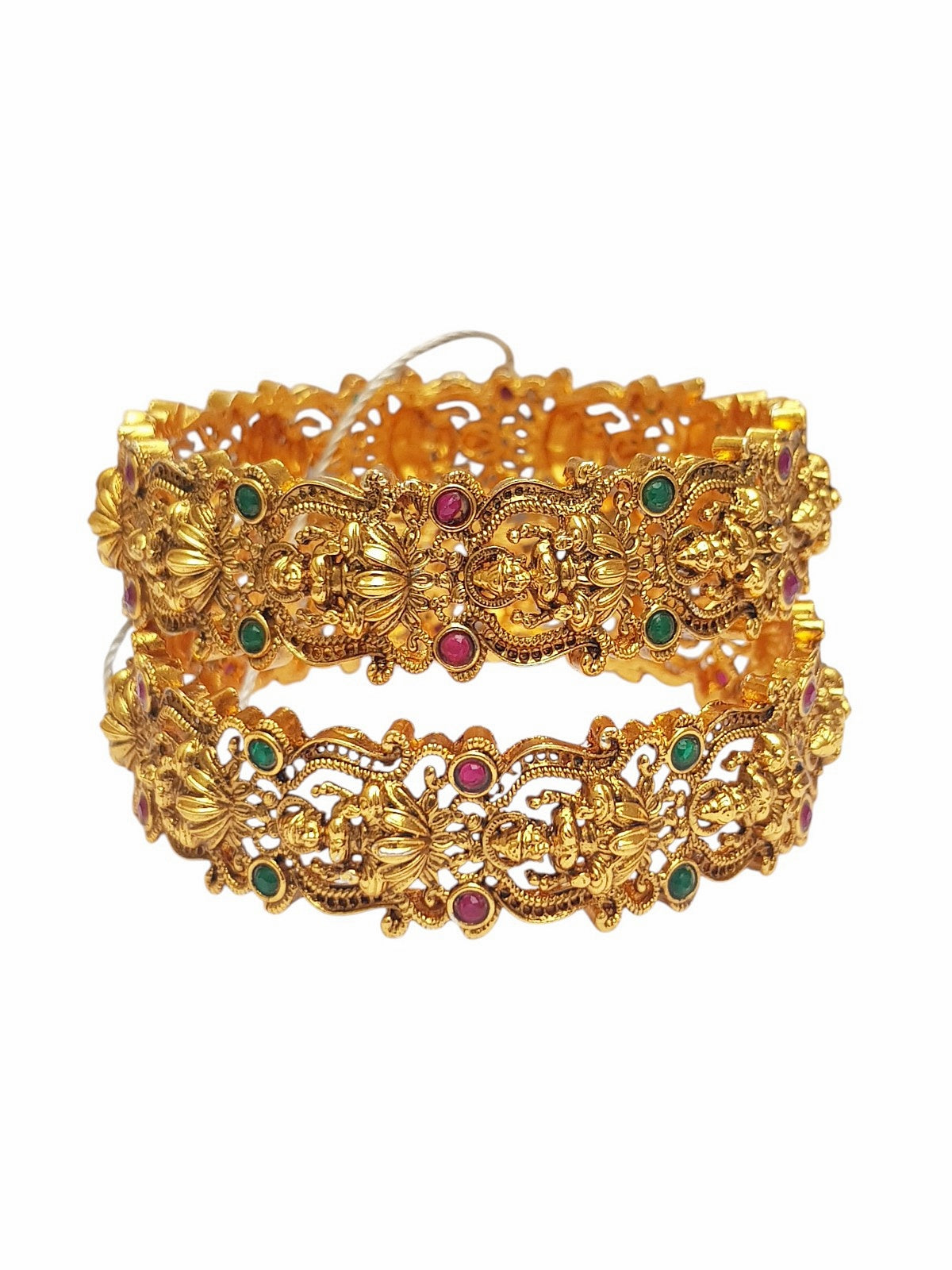 Gold plated Laxmi Temple Set of 2 bangles in multicolor stones