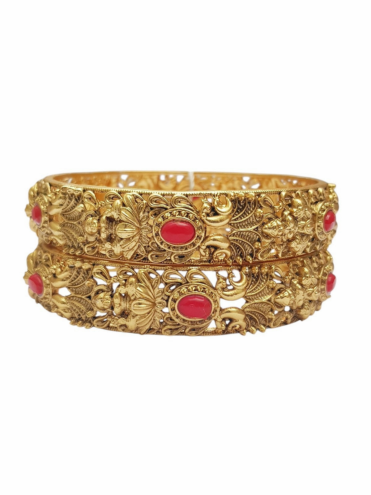 Gold plated Laxmi Temple Set of 2 bangles in coral
