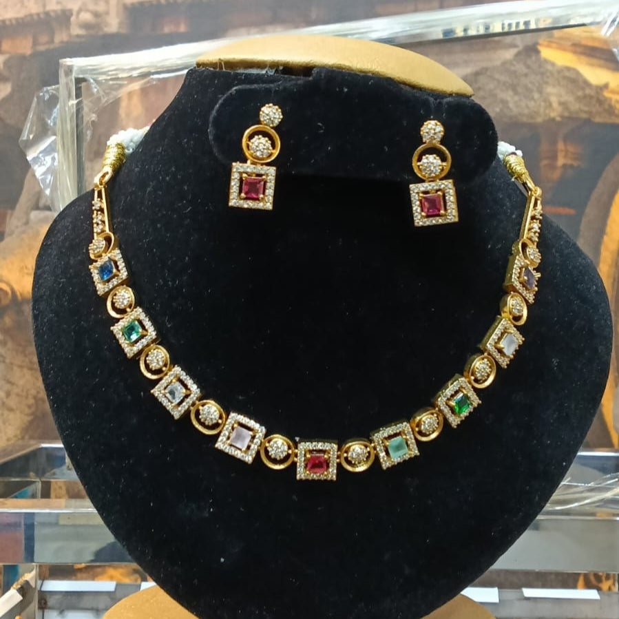 Navratna color cz zercon stone short necklace set