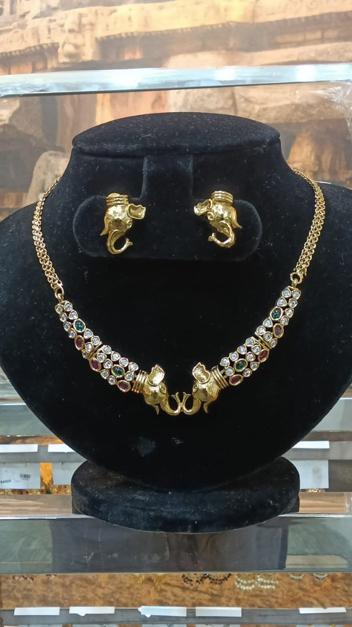 Premium Cz White Colour/Multicolor Elephant Short necklace Set