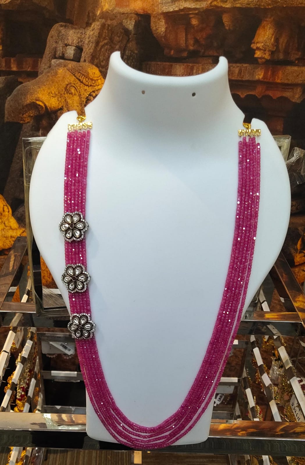 24 inches Long real Crystal/Mani Necklace set Multilayer with Hyderabadi pearls