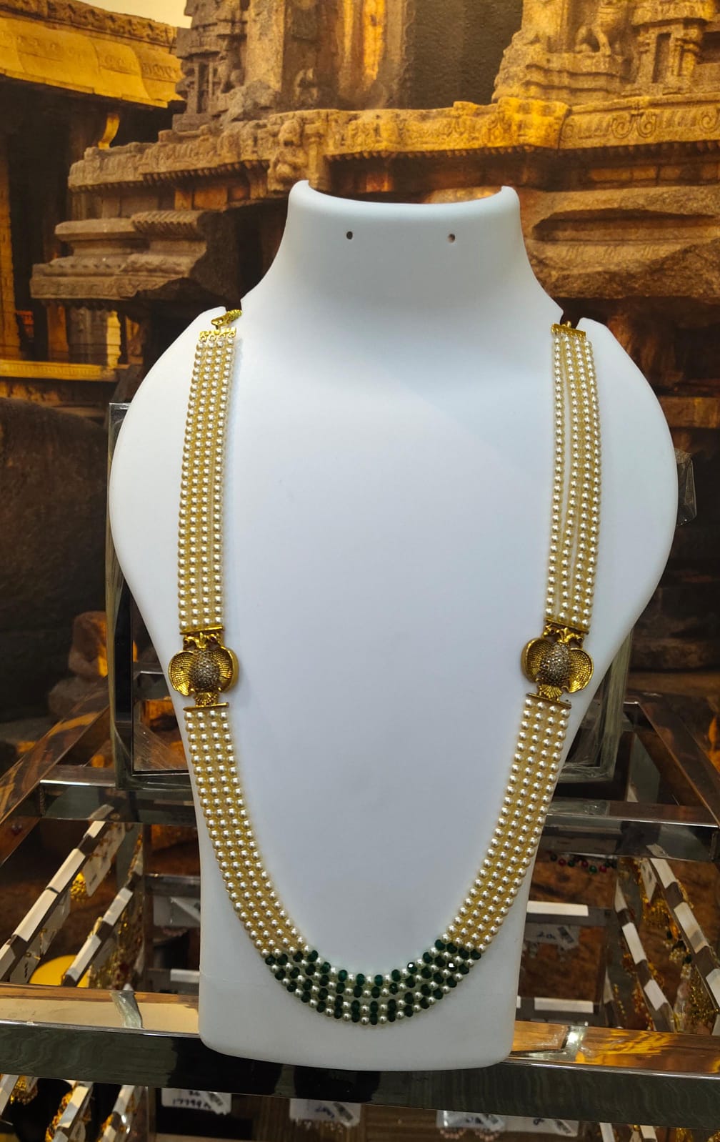24 inches Long real Swaroski Pearl Necklace set Multilayer with Dandabarunda mopu/Brooch and green crystals