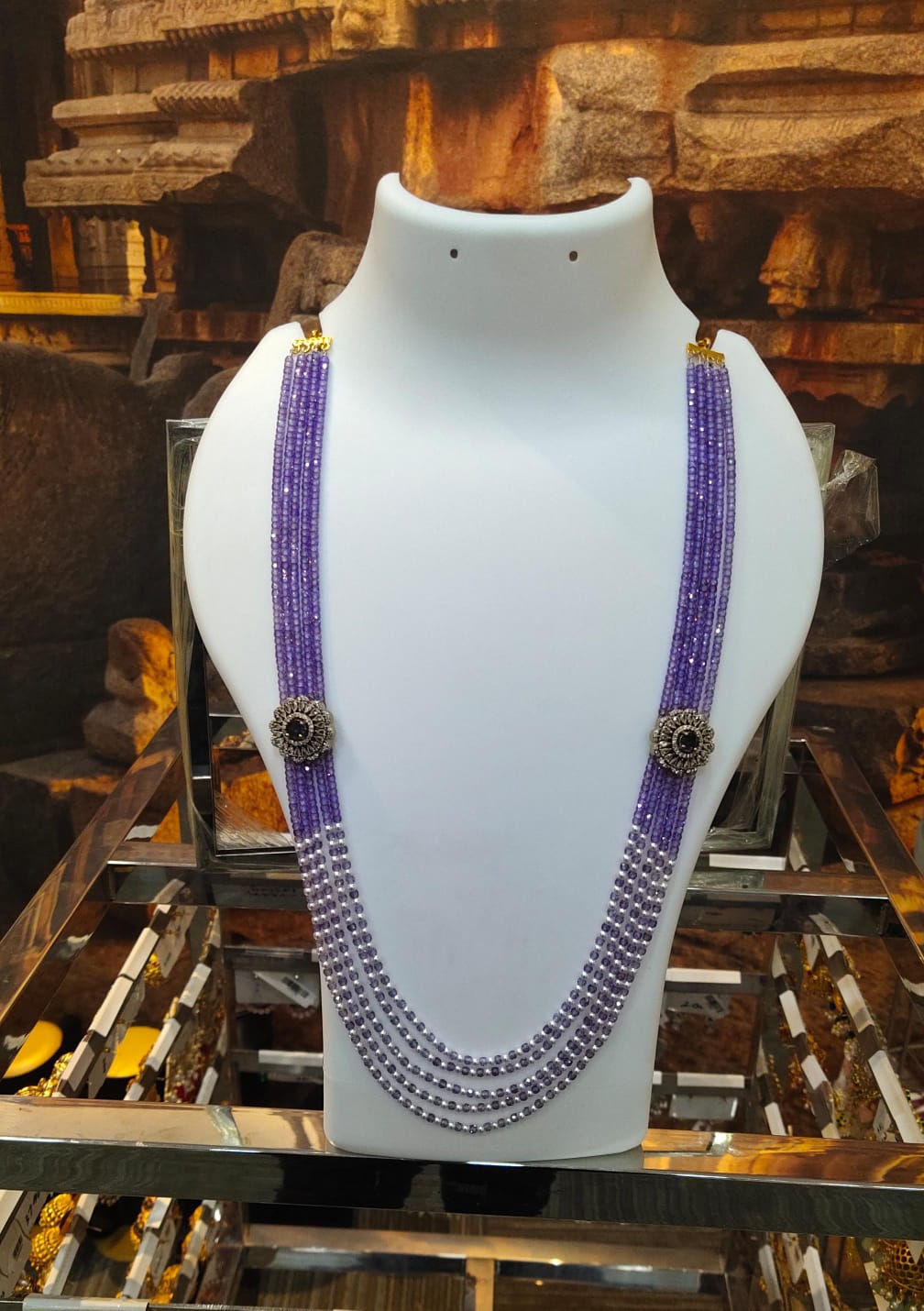 24 inches Long real Purple Crystal/Mani Necklace set Multilayer with Hyderabadi pearls