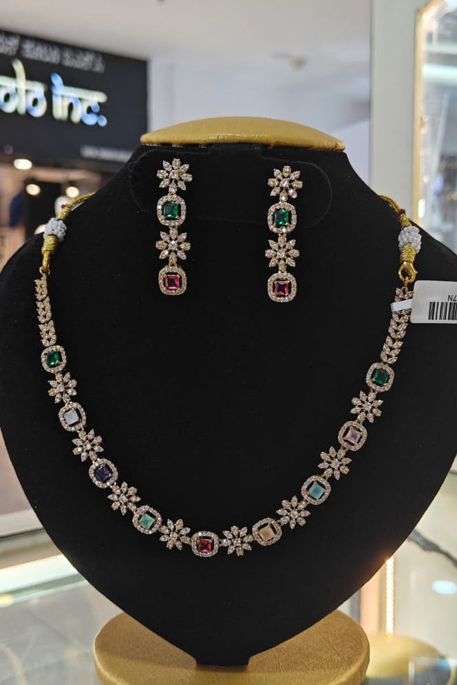Gold Plated Premium CZ Necklace Set with Multicolor stones