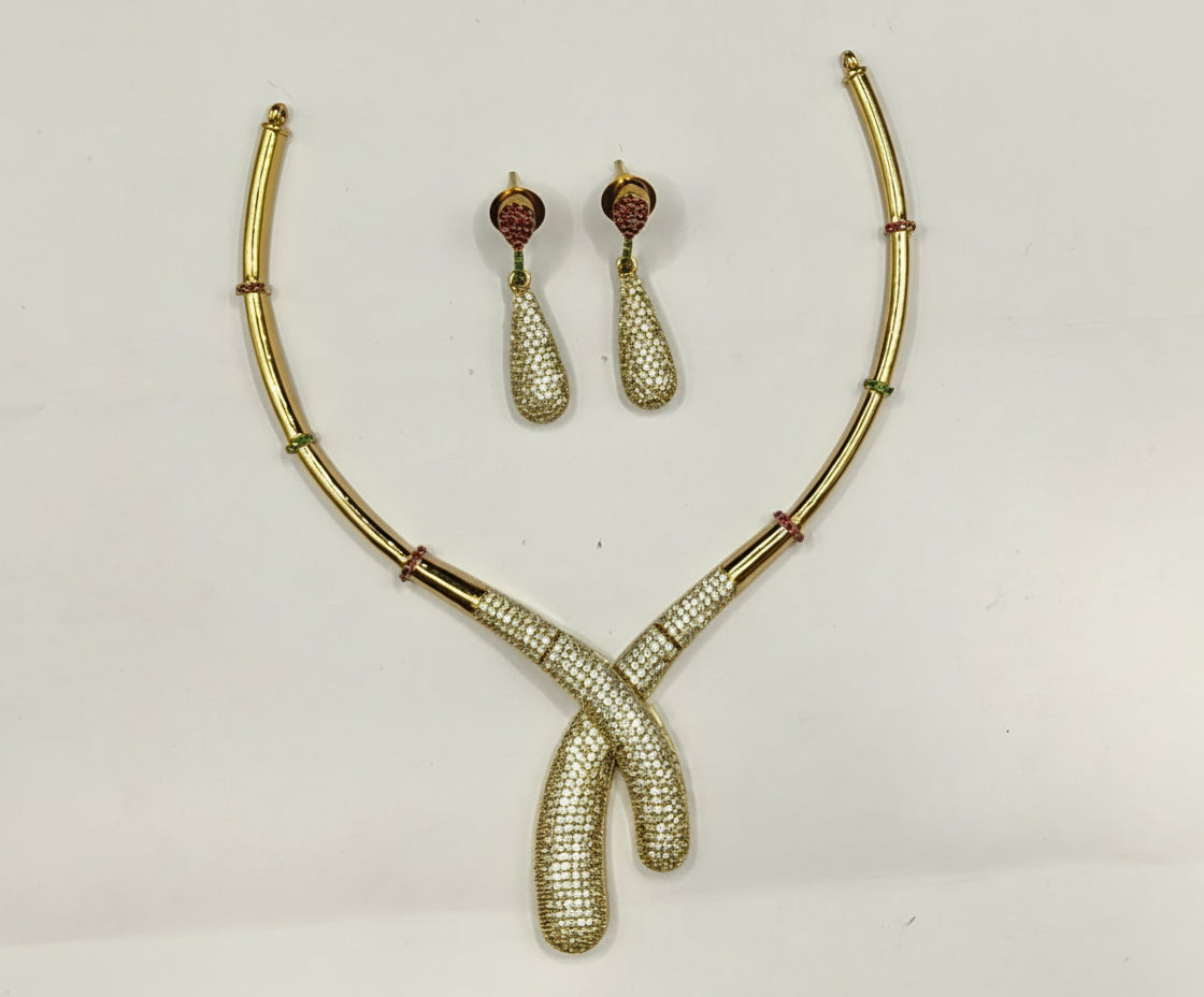 Gold Plated contemporary Design Short Necklace set in zercon cz stones