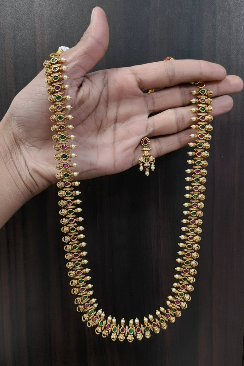 Premium Long antique Real kempu multicolor stones Necklace Set