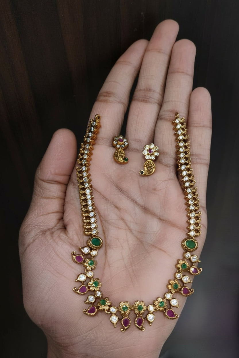 Long zercon necklace set with multicolor stones