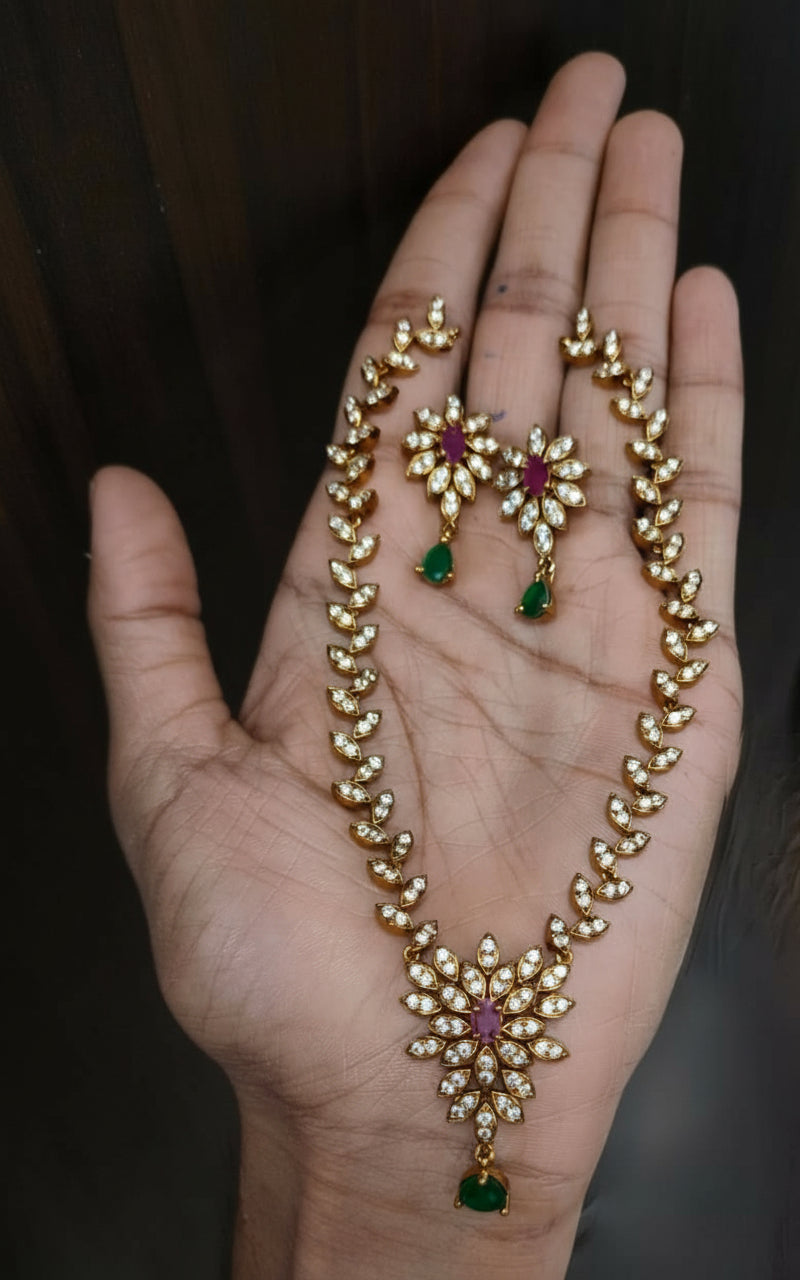 Gold plated cz Green white short necklace set