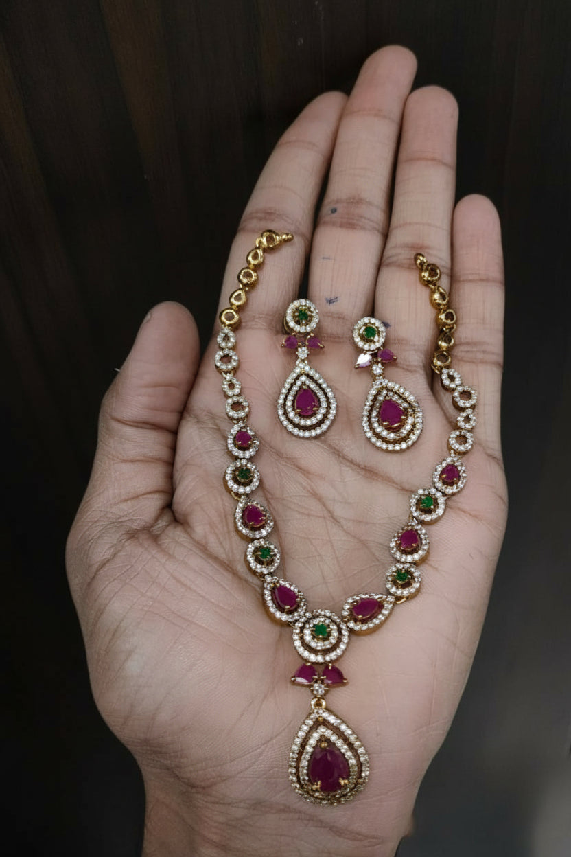 Gold plated cz multicolor short necklace set