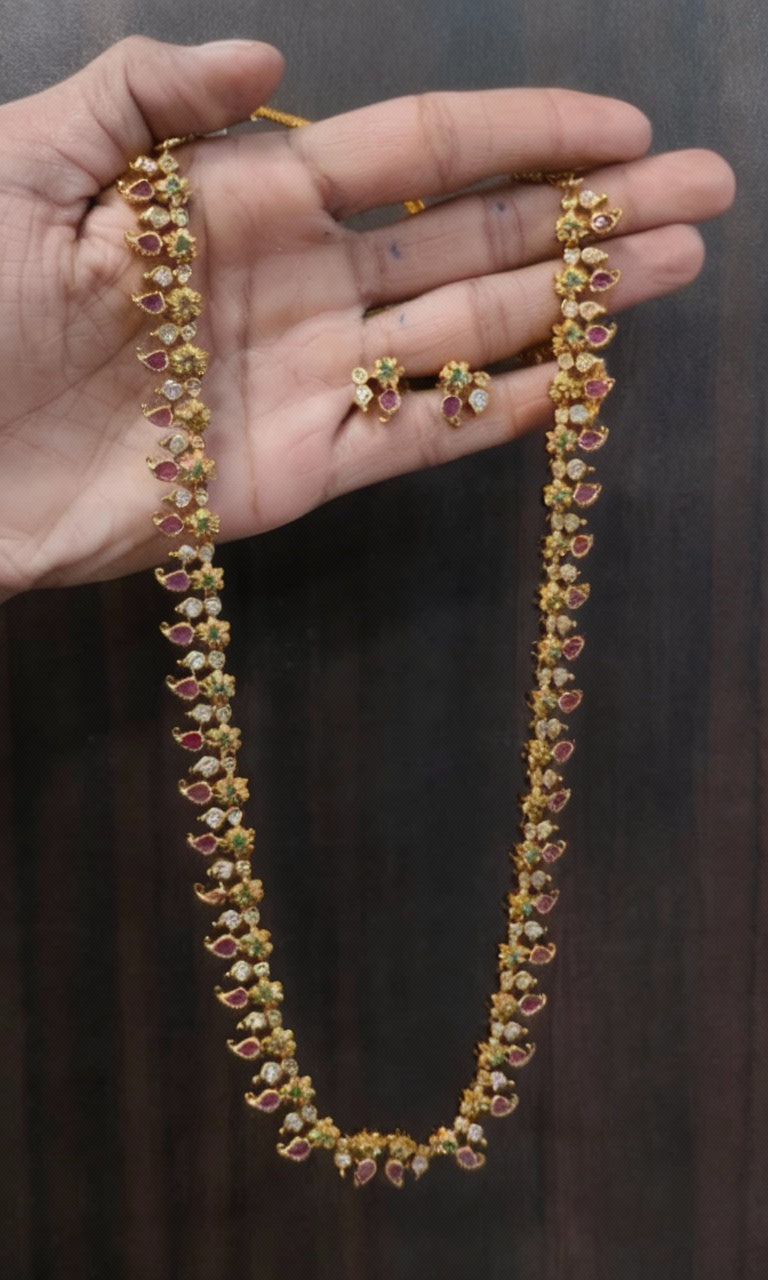 Long zercon necklace set with multicolor stones