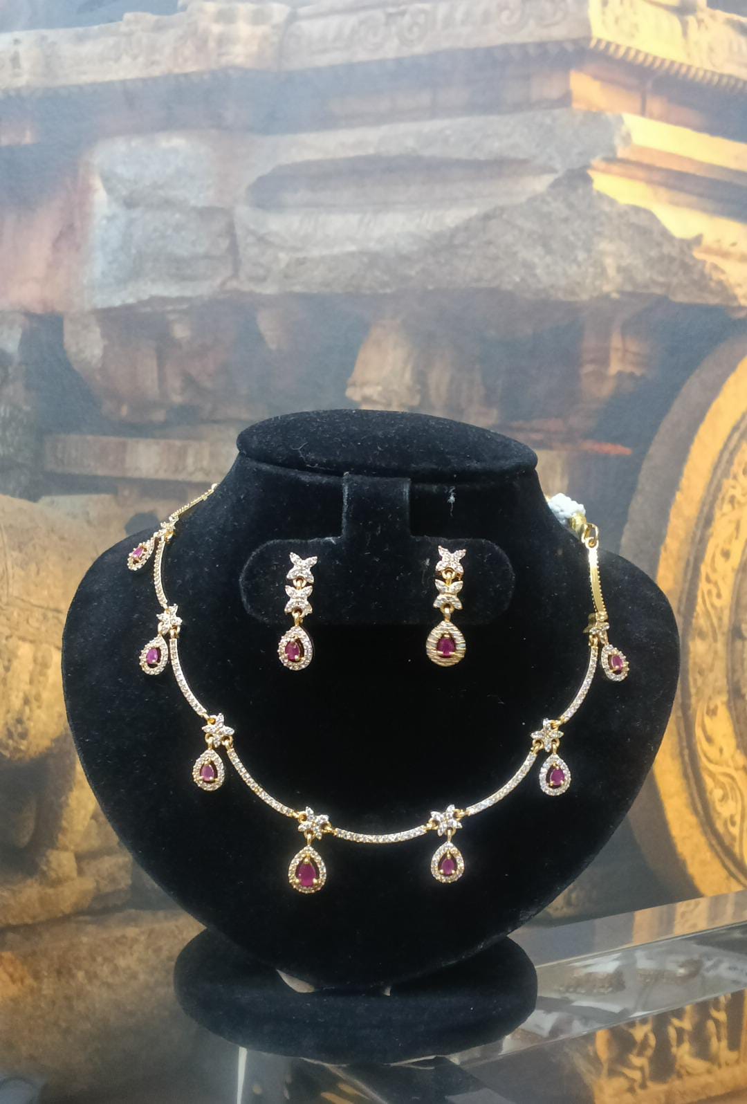 Gold Plated Red White CZ Necklace Set